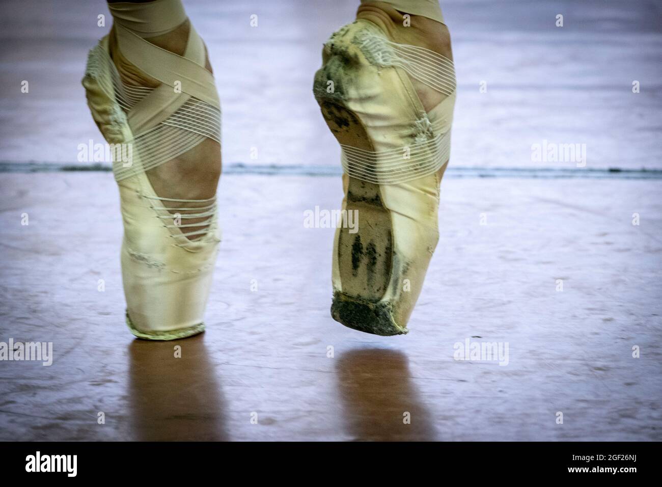 Close up images of ballet shoes and tutu of a dancer stretching before