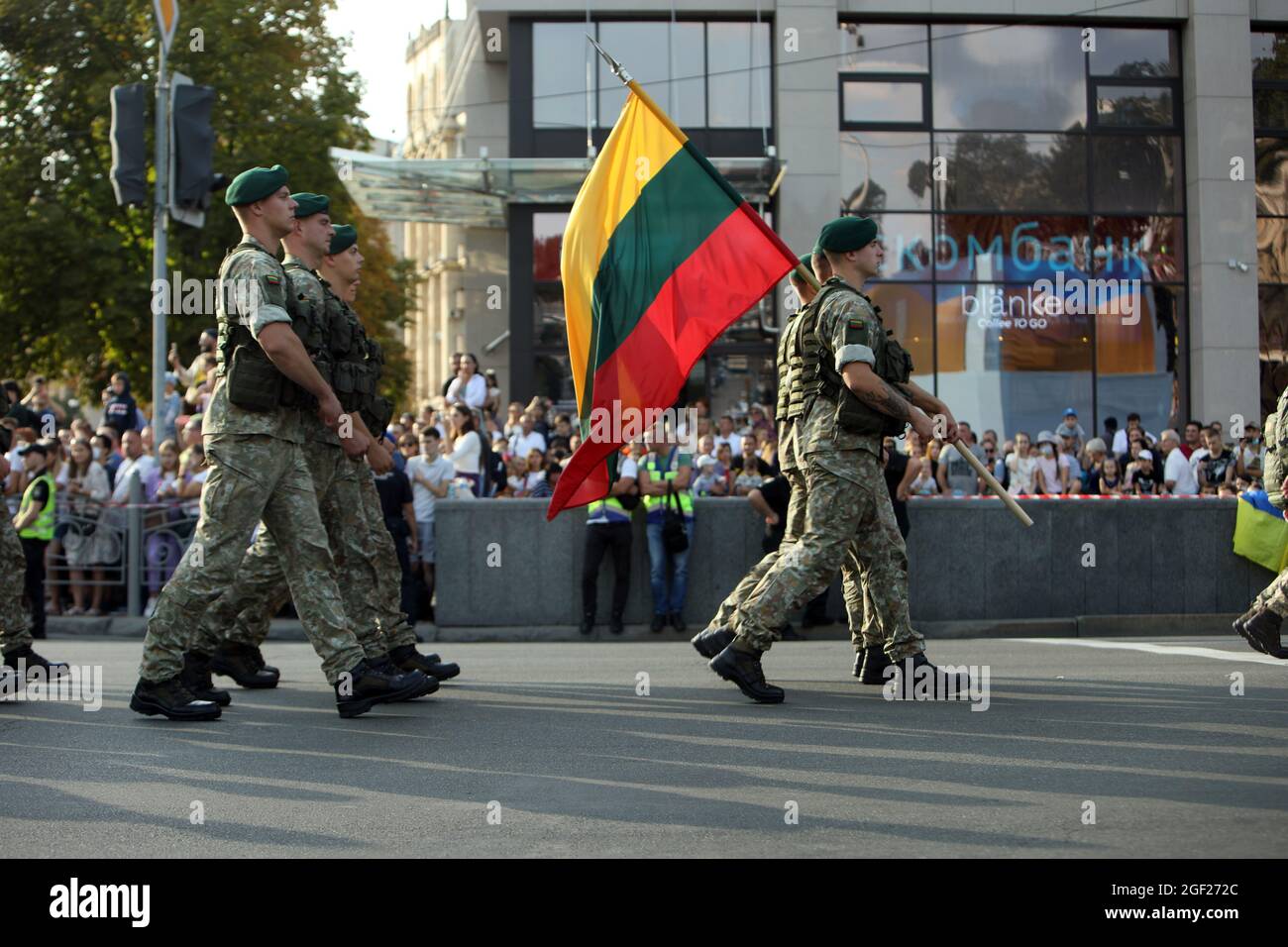 KYIV, UKRAINE - AUGUST 22, 2021 - Lithuanian soldiers partake in the rehearsal of the Kyiv Independence Day Parade on Khreshchatyk Street ahead of the Stock Photo