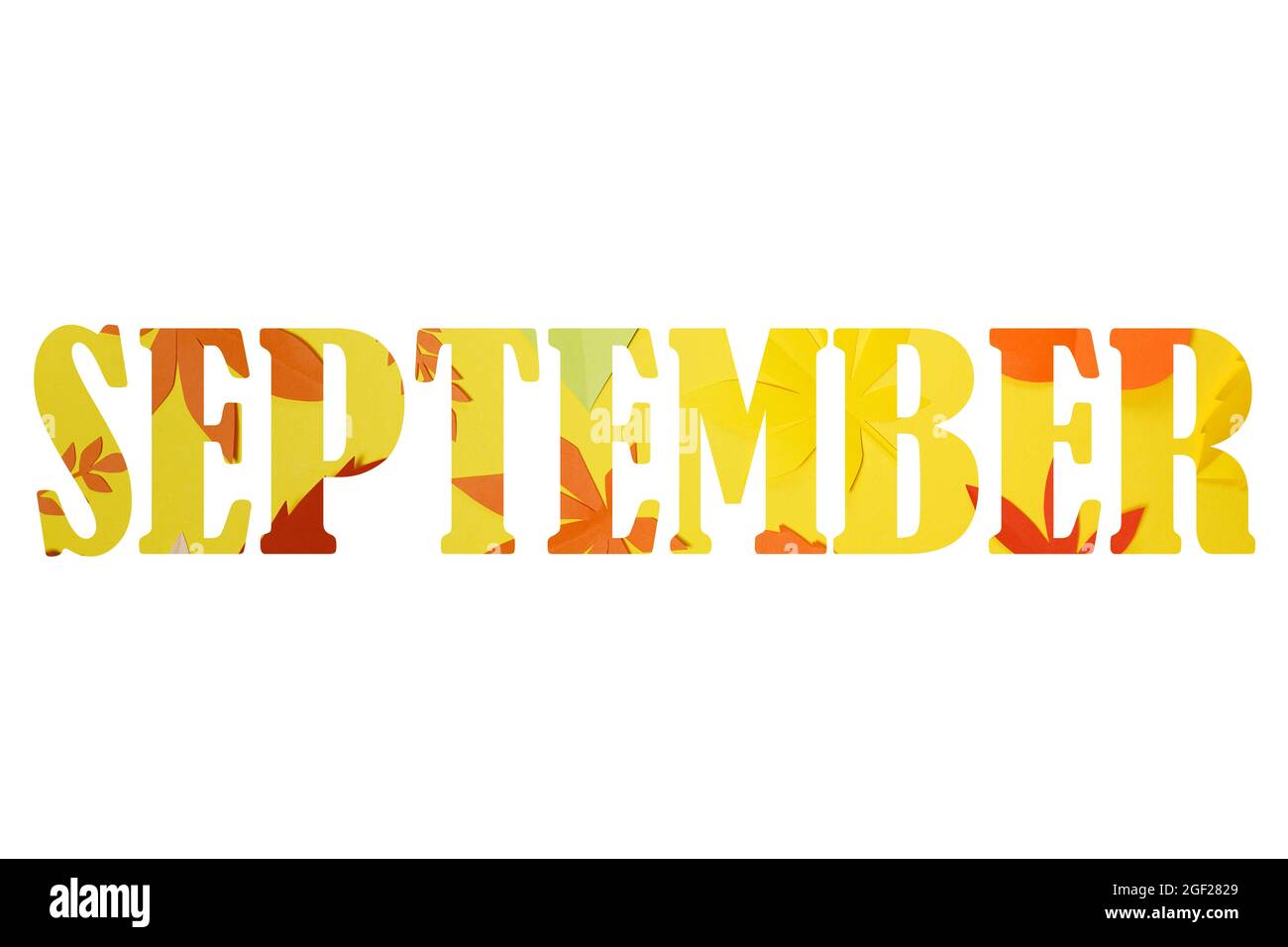 September inscription text from red and yellow leaves. September word ...