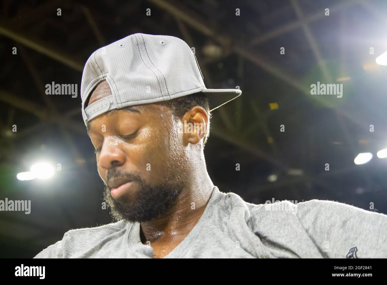 Jahmal Jones celebrates the Championship Win with their fans after the Canadian Elite Basketball Season Final between the Edmonton Stingers and the Niagara River Lions at the Edmonton Expo Center. The Edmonton Stingers claim their second straight CEBL Championship. (Photo by Ron Palmer / SOPA Images/Sipa USA) Stock Photo