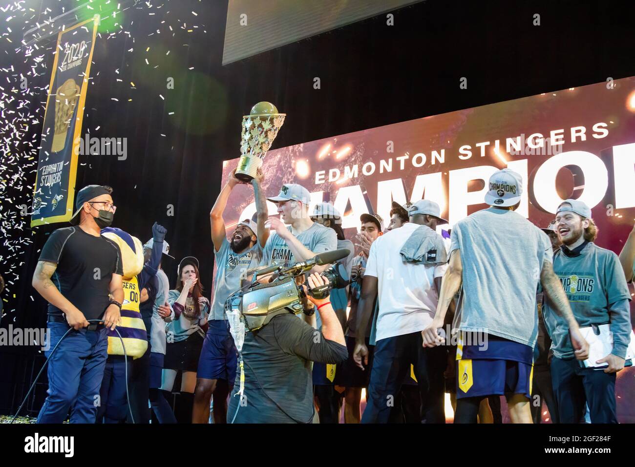 Edmonton Stingers celebrate their Championship Win after the Canadian Elite Basketball Season Final between the Edmonton Stingers and the Niagara River Lions at the Edmonton Expo Center. The Edmonton Stingers claim their second straight CEBL Championship. (Photo by Ron Palmer / SOPA Images/Sipa USA) Stock Photo