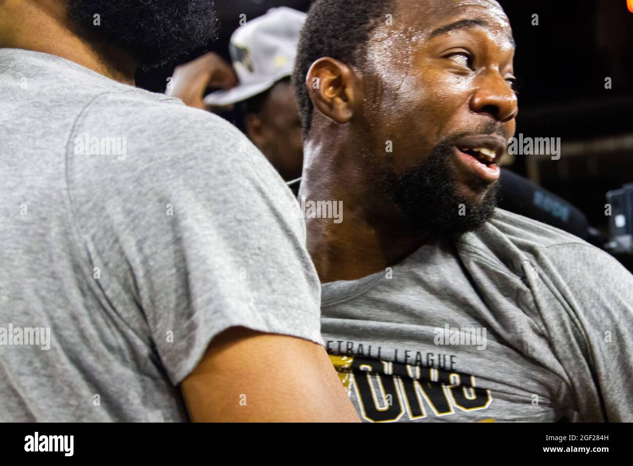 Jahmal Jones celebrates the Championship Win with their fans after the Canadian Elite Basketball Season Final between the Edmonton Stingers and the Niagara River Lions at the Edmonton Expo Center. The Edmonton Stingers claim their second straight CEBL Championship. (Photo by Ron Palmer / SOPA Images/Sipa USA) Stock Photo