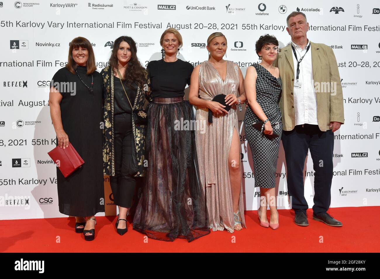 Karlovy Vary, Czech Republic. 22nd Aug, 2021. Actors and creative team of Croatian film The Staffroom from left Ankica Juric Tilic, Sonja Tarokic, Marina Redzepovic, Nives Ivankovic, Maja Posavec, Stojan Matavulj pose for photographer during the start of the 55th edition of the Karlovy Vary International Film Festival, Czech Republic, August 22, 2021. The international film festival returns to the Czech spa of Karlovy Vary after two years due to a delay caused by the coronavirus pandemic. Credit: Slavomir Kubes/CTK Photo/Alamy Live News Stock Photo