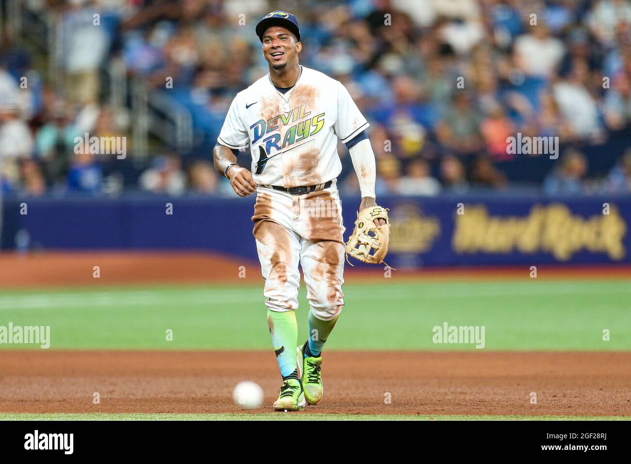 St. Petersburg, FL. USA; Tampa Bay Rays shortstop Wander Franco (5) slides  awkwardly into home plate and injures his forehead during a major league b  Stock Photo - Alamy