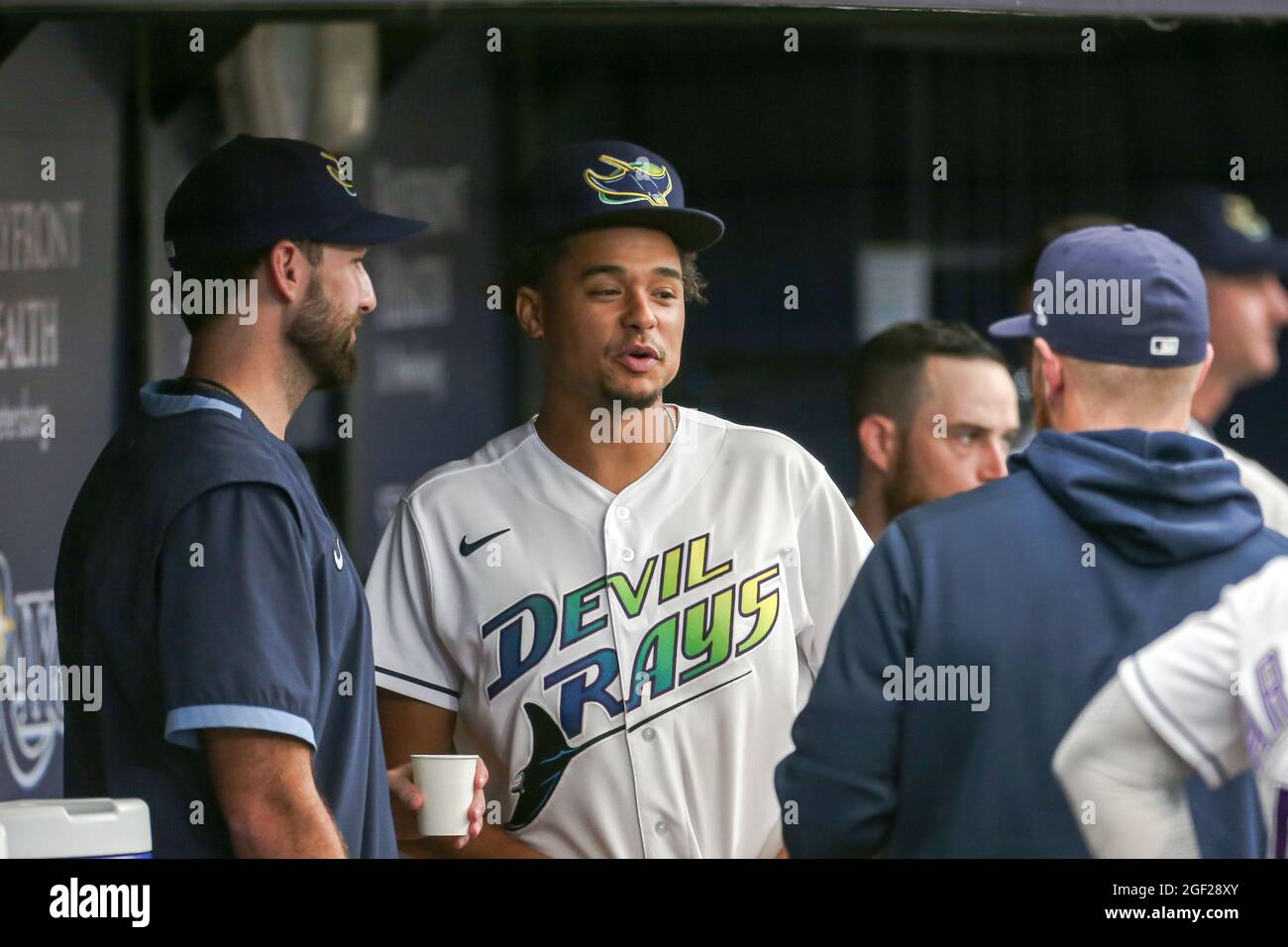 St. Petersburg, FL. USA;  Tampa Bay Rays starting pitcher Chris Archer (1) was in the dugout with his teammates after being activated from the DL duri Stock Photo