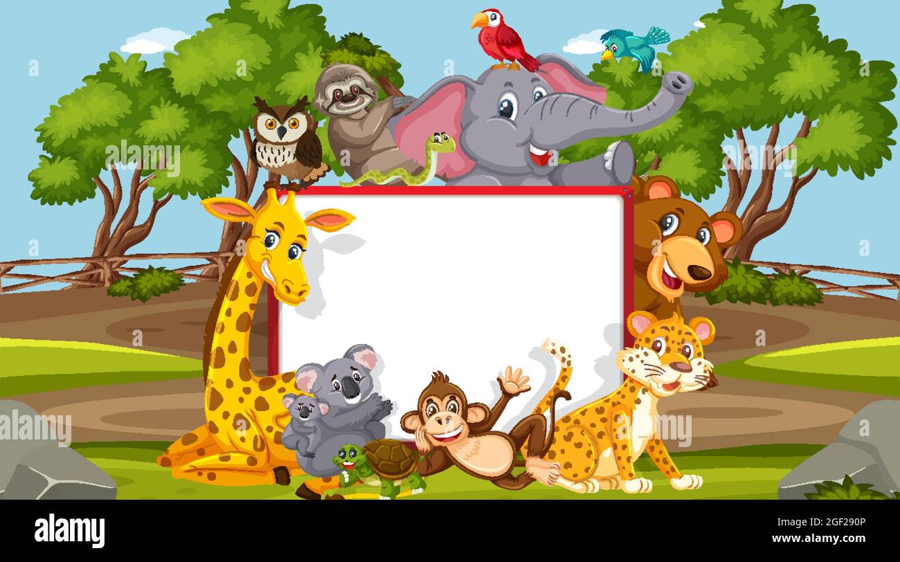 Empty banner with various wild animals in the forest illustration Stock ...