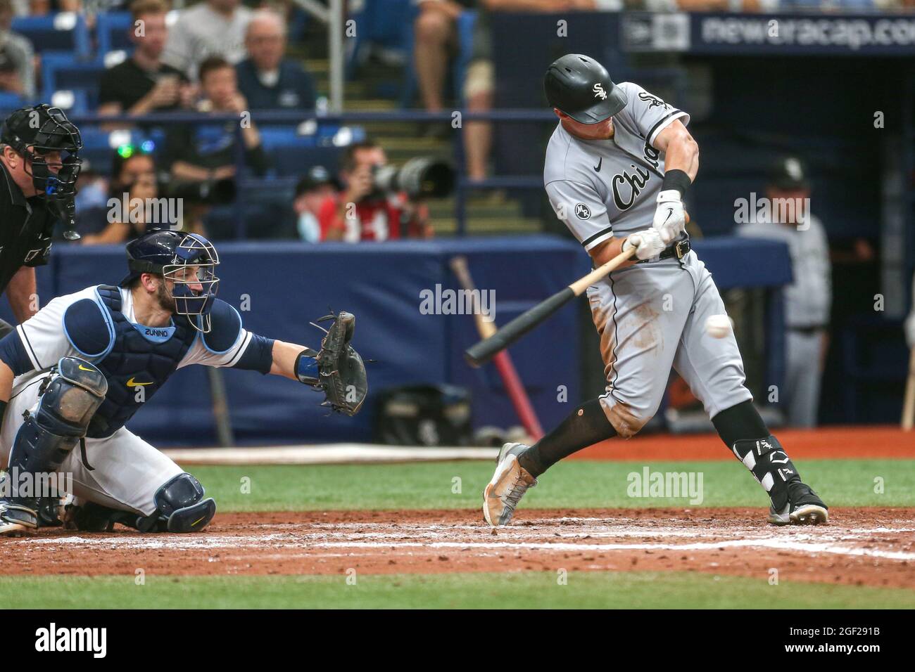 St. Petersburg, FL. USA; Chicago White Sox first baseman Andrew Vaughn (25)  singles in the top of the seventh during a major league baseball game aga  Stock Photo - Alamy