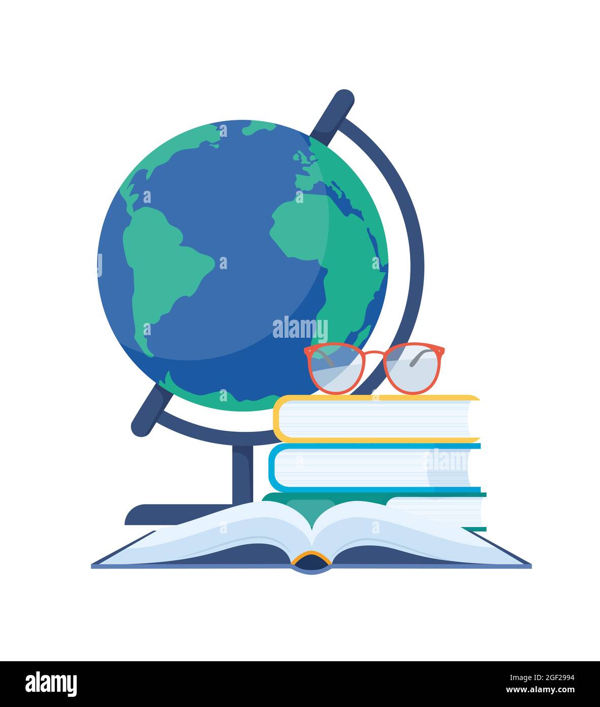 School globe and books. Back to school concept. Classroom earth model on stand. Sphere map of continent and ocean. Geography learning tool. Vector ill Stock Vector