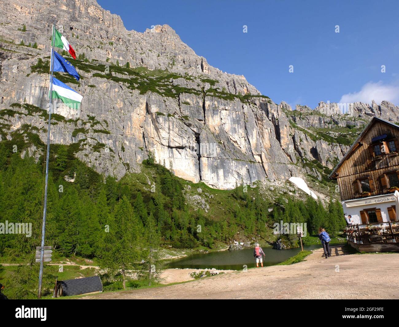 In the Dolomites - Rifugio Palmieri and its lake with the Croda da Lago