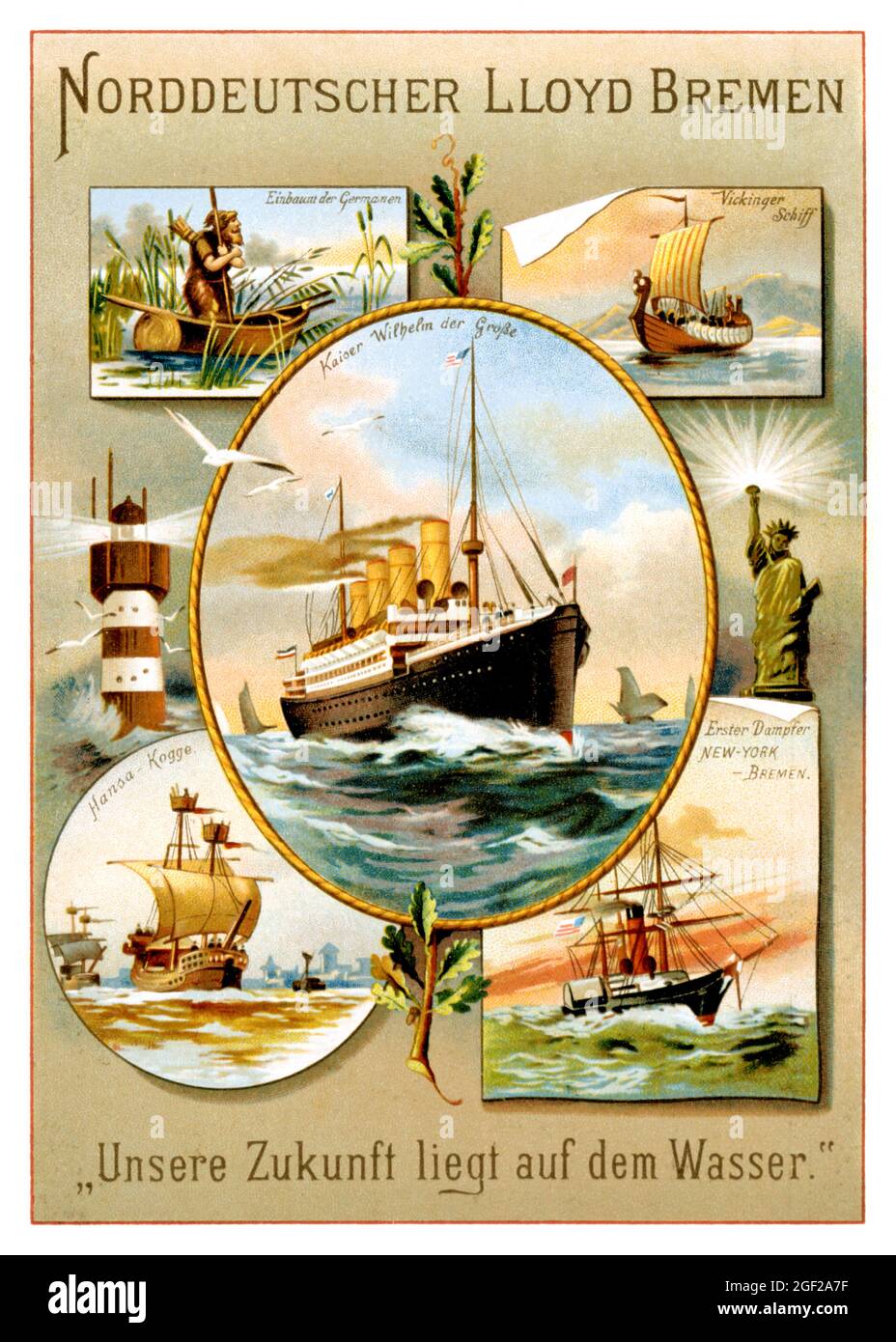 Norddeutscher Lloyd Bremen. Unsere Zukunft liegt auf dem Wasser. Artist unknown. Restored vintage poster published in 1897 in Germany. Stock Photo