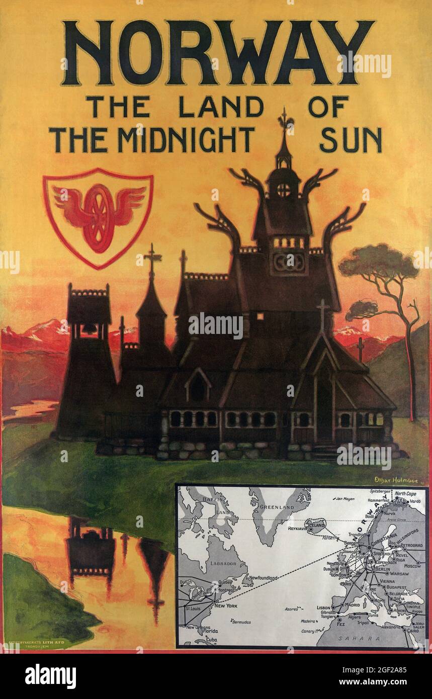 Norway. The land of the midnight sun by Othar Holmboe (1868-1928).Restored vintage poster published in 1905 in Norway. Stock Photo