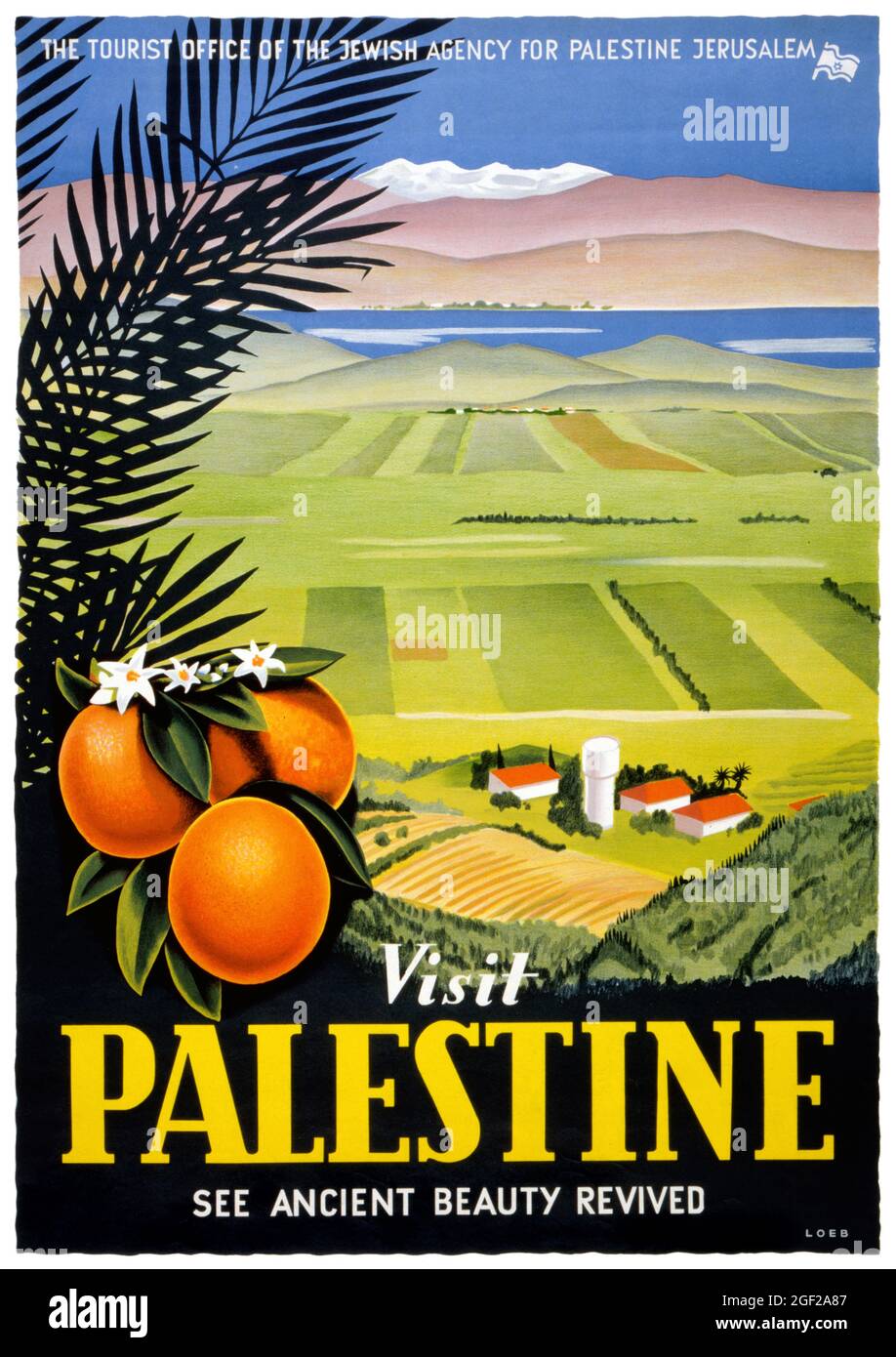 Visit Palestine. See ancient beauty revived by Mitchell Loeb (1889-1968). Restored vintage poster published in 1947 in Palestine. Stock Photo