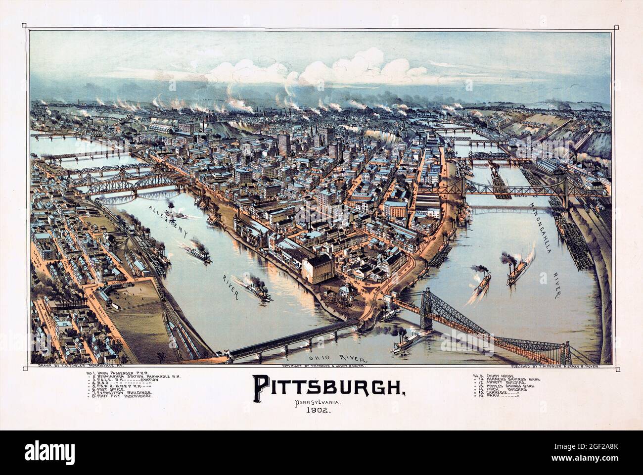Pittsburgh, Pennsylvania 1902 by Thaddeus Mortimer (T.M.) Fowler (1842-1922) . Restored vintage poster published in 1902 in the USA. Stock Photo