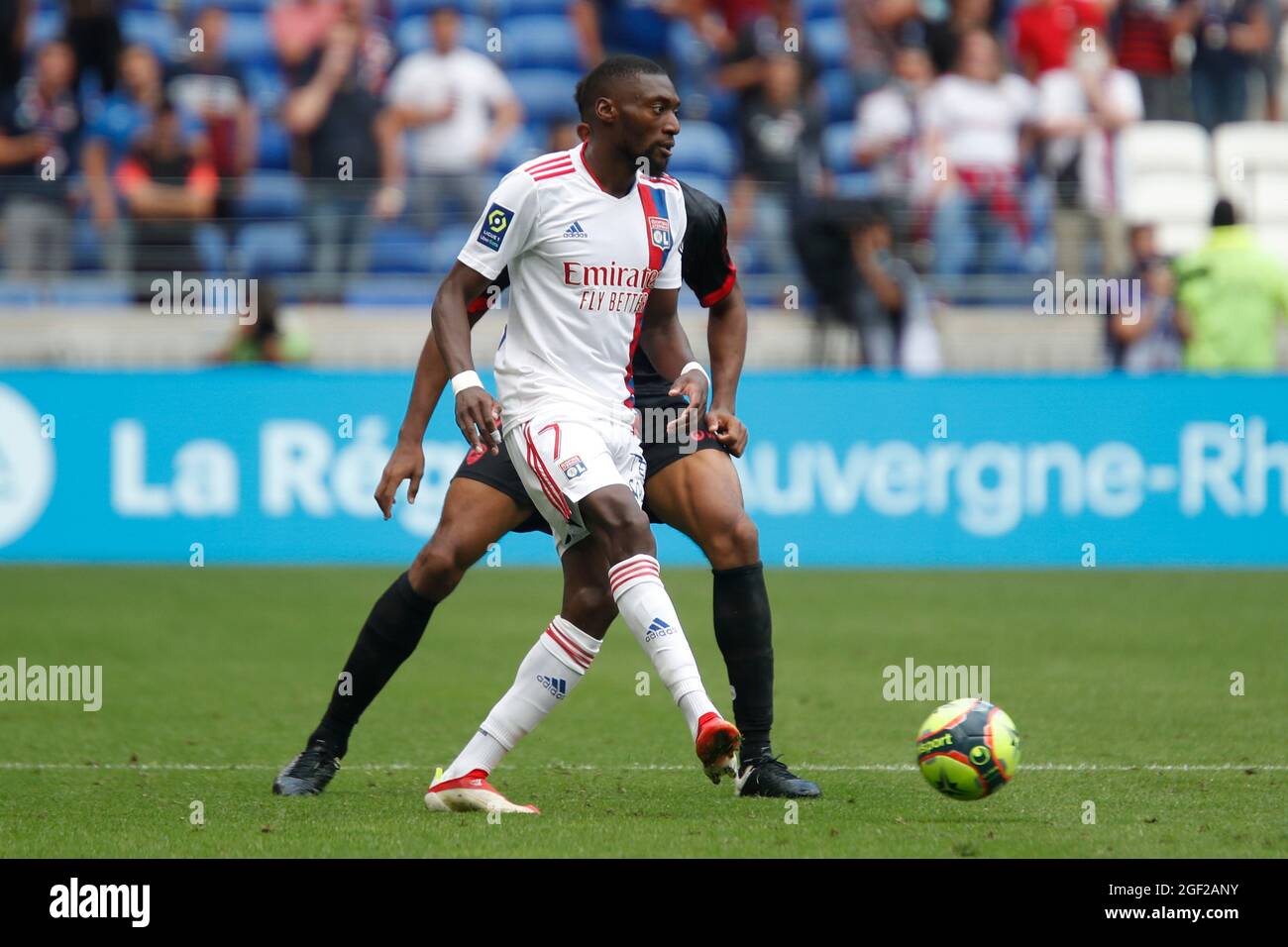 Karl TOKO EKAMBI of Lyon during the French championship Ligue 1 football  match between Olympique Lyonnais and Clermont Foot 63 on August 22, 2021 at  Groupama stadium in Decines-Charpieu near Lyon, France -