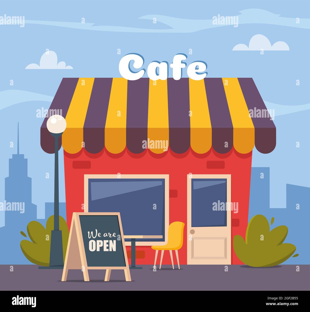Street cafe facade with chalkboard and inscription We Are Open. Summer outdoor cafe with table