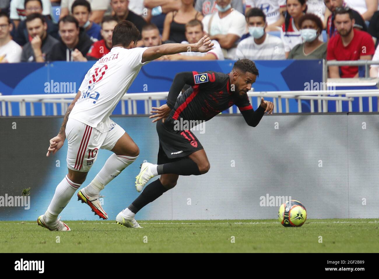 Jim ALLEVINAH of Clermont and Lucas PAQUETA of Lyon during the French  championship Ligue 1 football match between Olympique Lyonnais and Clermont  Foot 63 on August 22, 2021 at Groupama stadium in