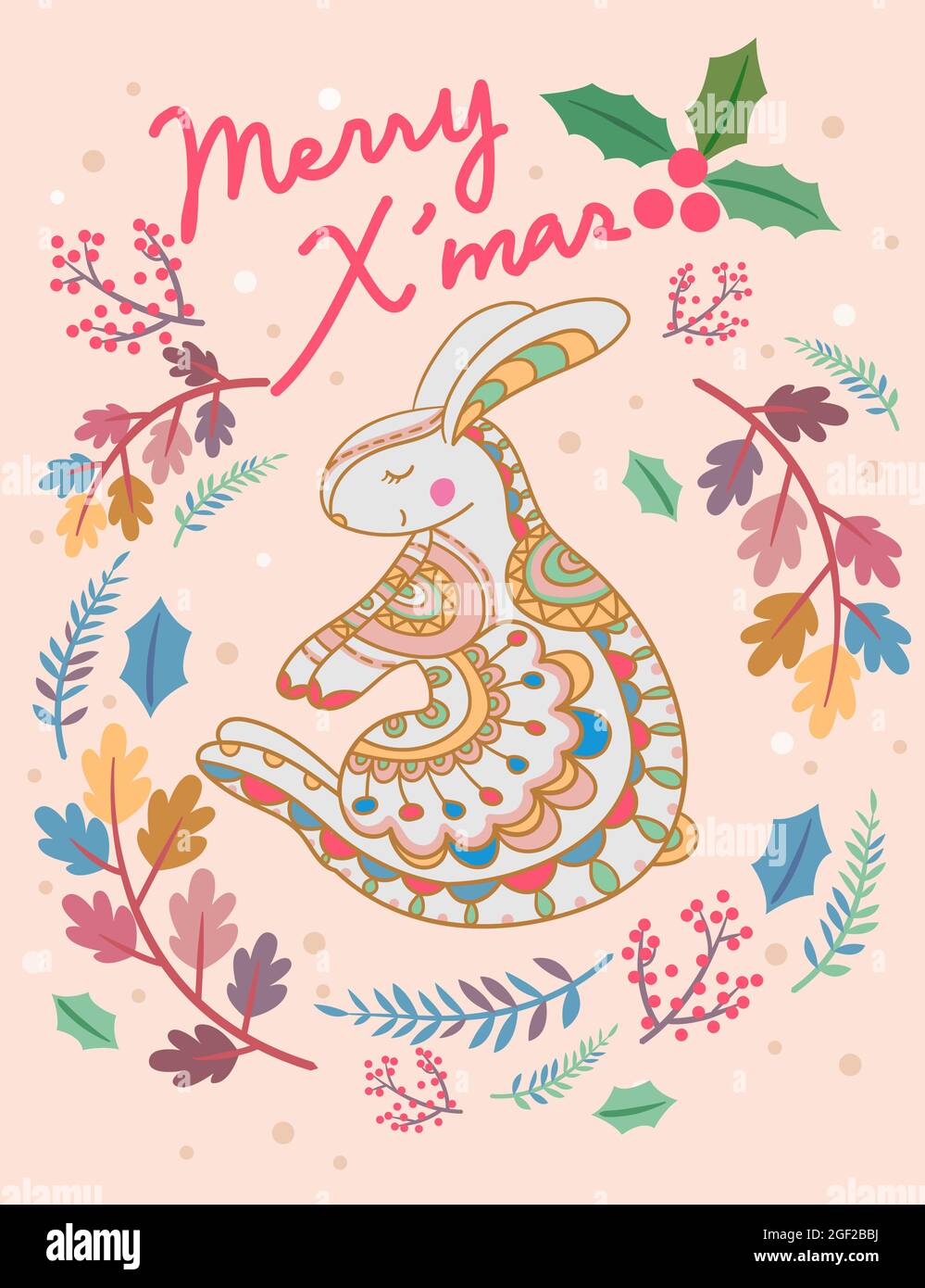 Cute rabbit Christmas card with lettering inscription. Vector ...