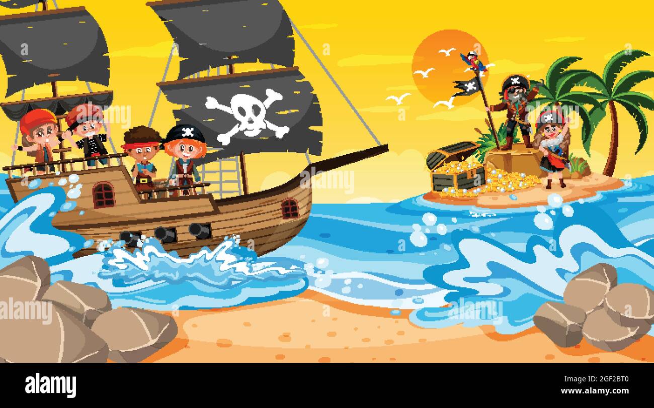 Treasure Island scene at sunset time with Pirate kids on the ship ...