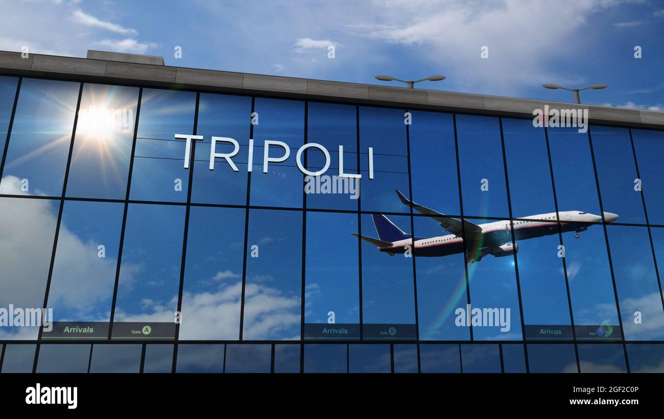Aircraft landing at Tripoli, Libya 3D rendering illustration. Arrival in the city with the glass airport terminal and reflection of jet plane. Travel, Stock Photo