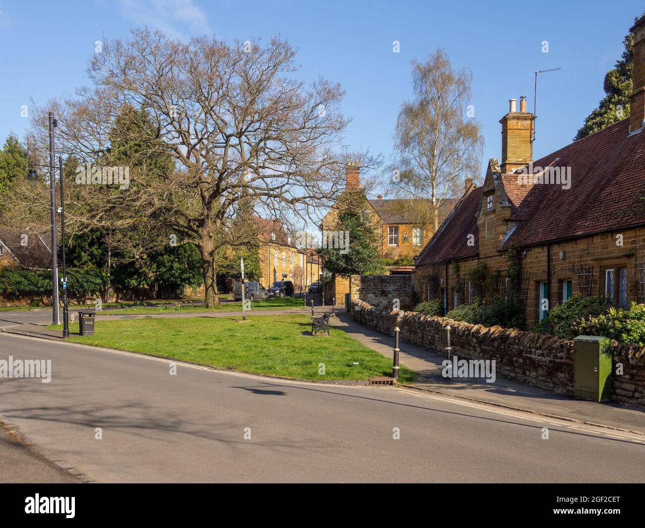 Street view in Spring in the pretty village of Dallington, Northampton, UK Stock Photo