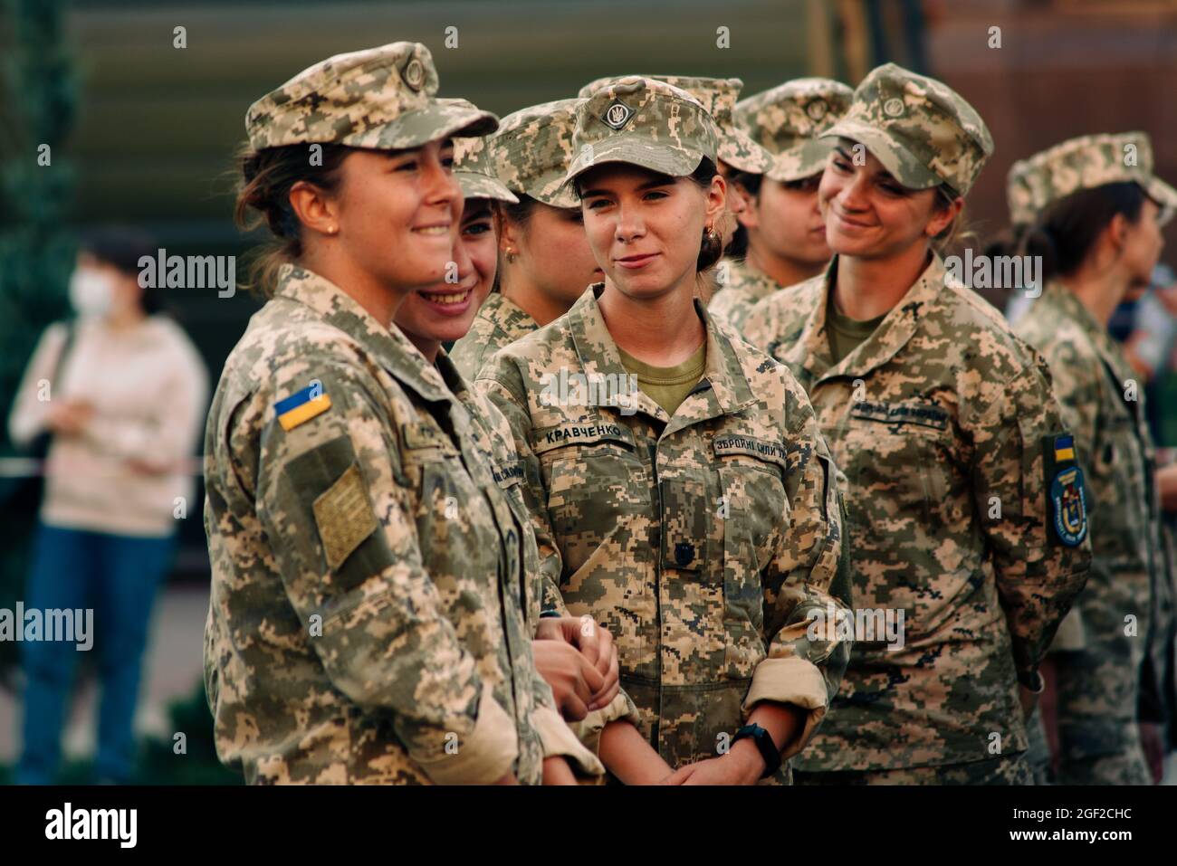 Kyiv, Ukraine - August 20, 2021: Rehearsal of the military parade on occasion of 30 years Independence Day of Ukraine. Young smiling women Stock Photo