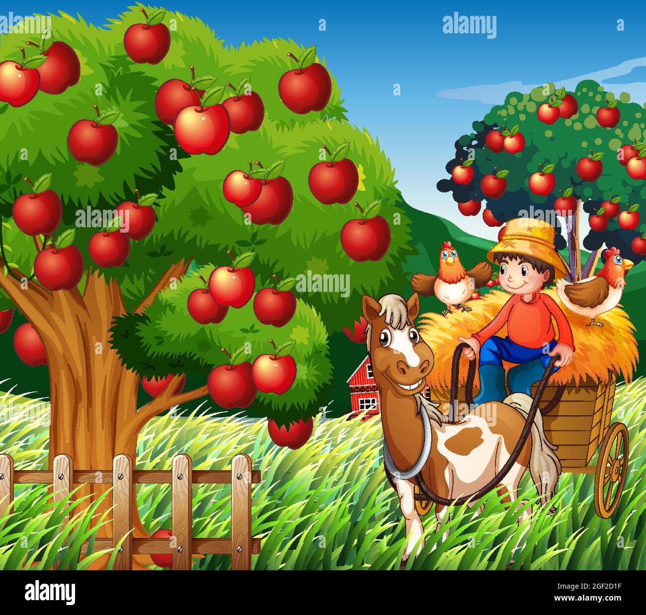 Farm scene with farmer boy on horse vehicle illustration Stock Vector ...