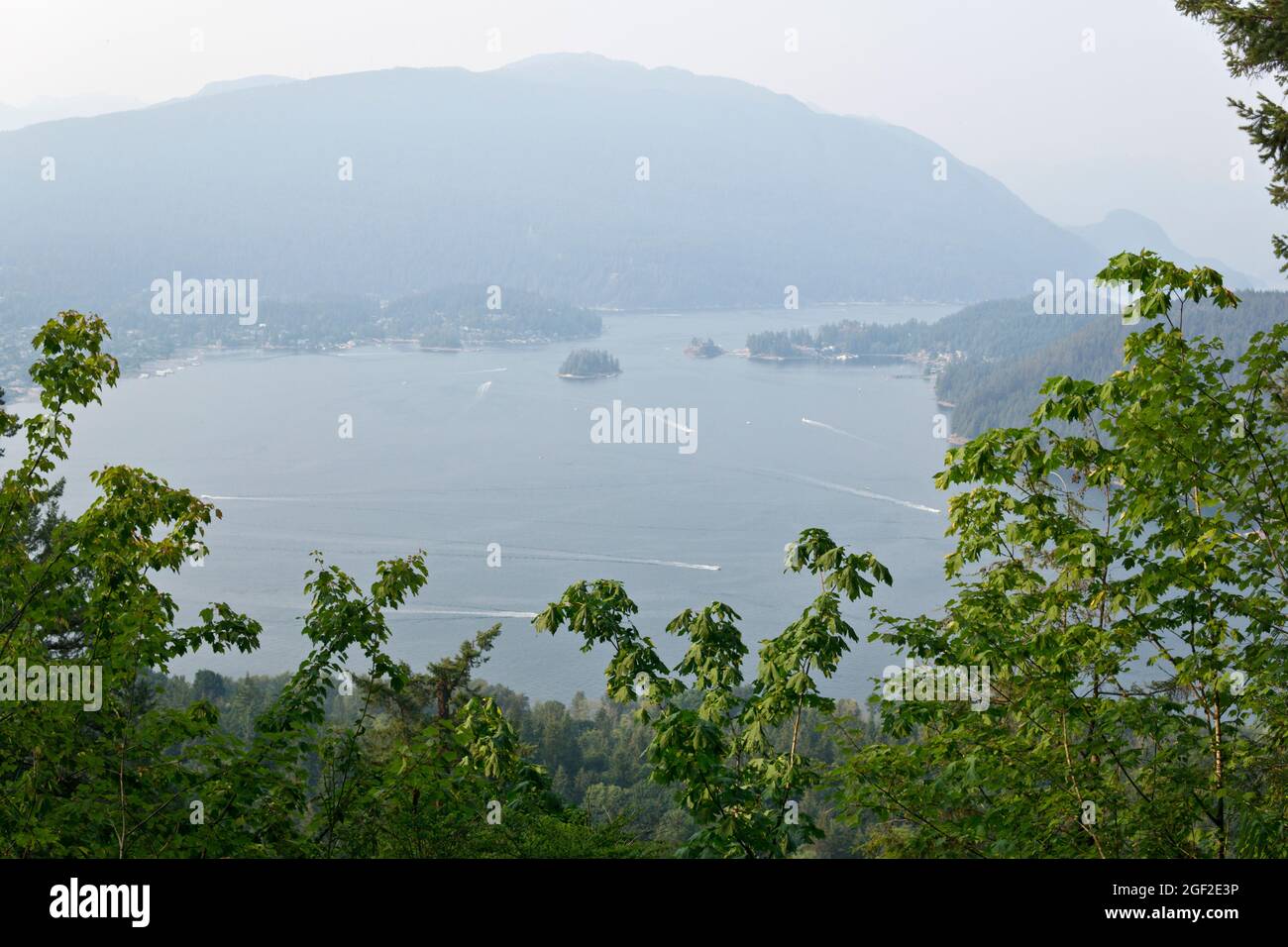Smoke from wildfires obscures the view of the Burrard Inlet from Burnaby Mountain Park.  August 14, 2021 Stock Photo