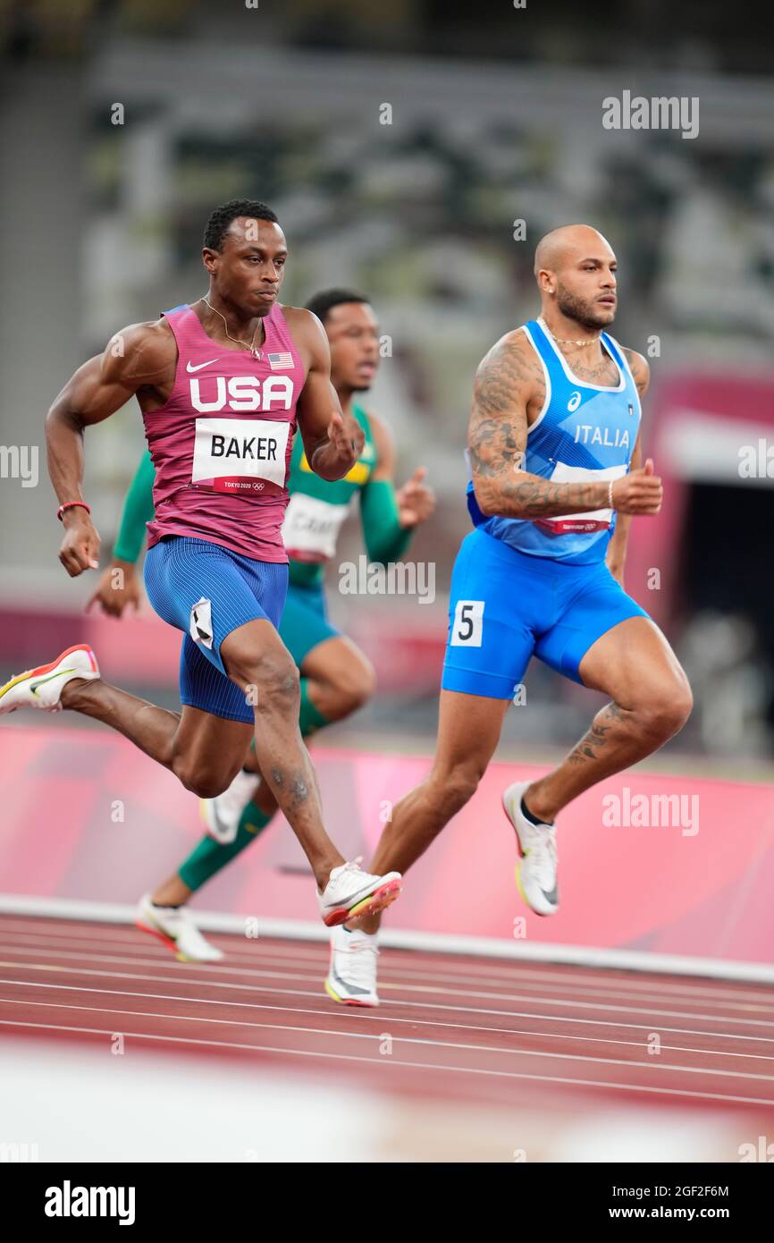 Ronnie Baker running the 100 meters at the 2020 Tokyo Olympics Stock