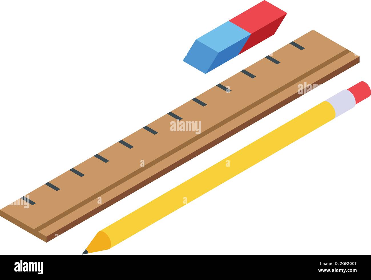 School pen, ruler, eraser icon isometric vector. Pencil rubber. Drawing