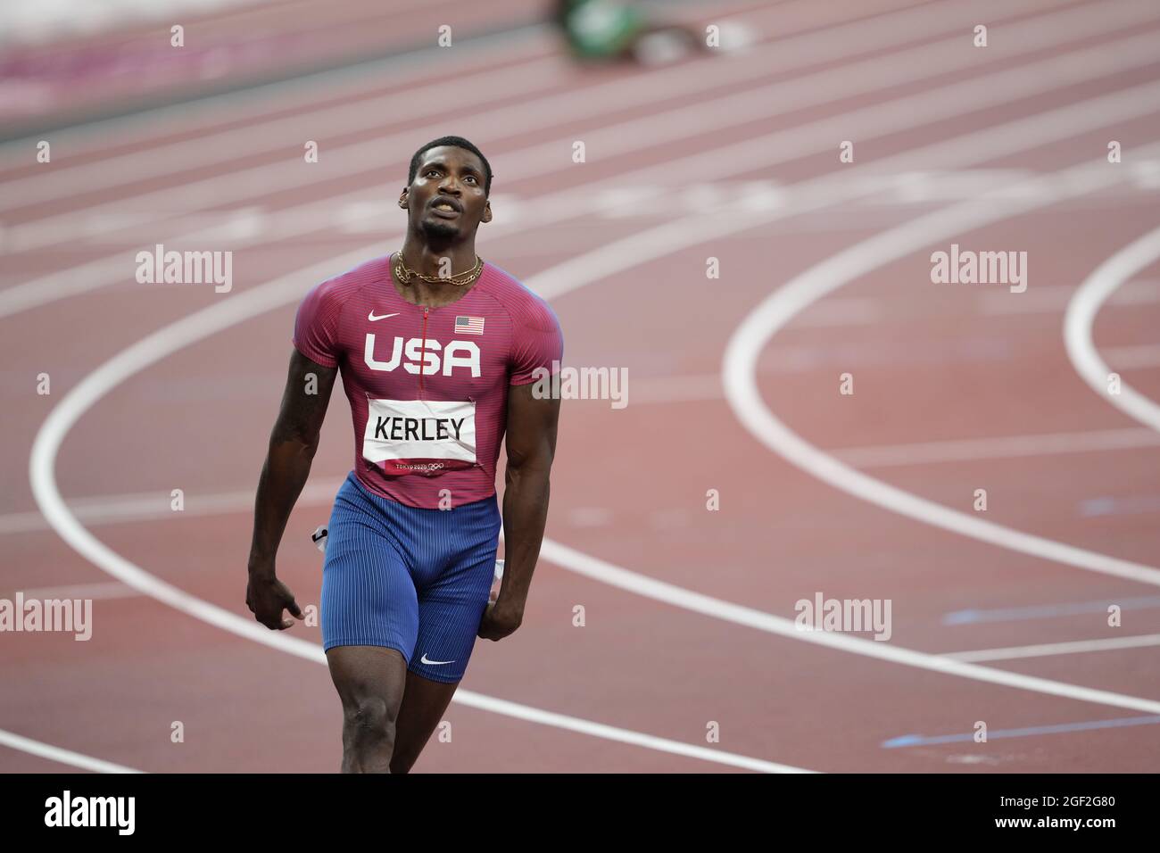 Fred Kerley running the 100 meters at the 2020 Tokyo Olympics Stock ...