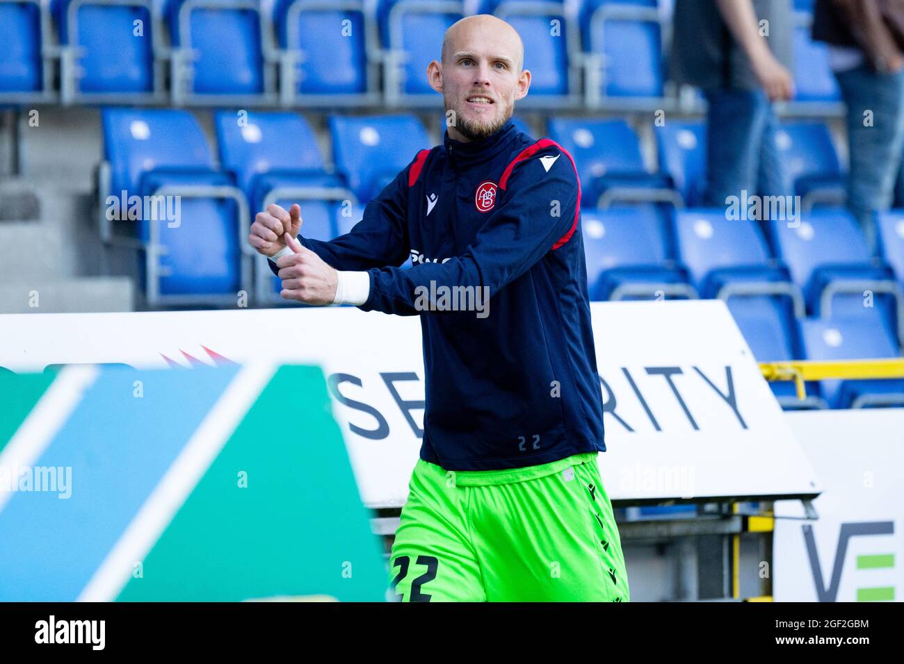 Randers, Denmark. 22nd Aug, 2021. Reserve goalkeeper Andreas Hansen (22) of Aalborg Boldklub is warming up during the 3F Superliga match between Randers FC and Aalborg Boldklub at Cepheus Park in Randers. (Photo Credit: Gonzales Photo/Alamy Live News Stock Photo