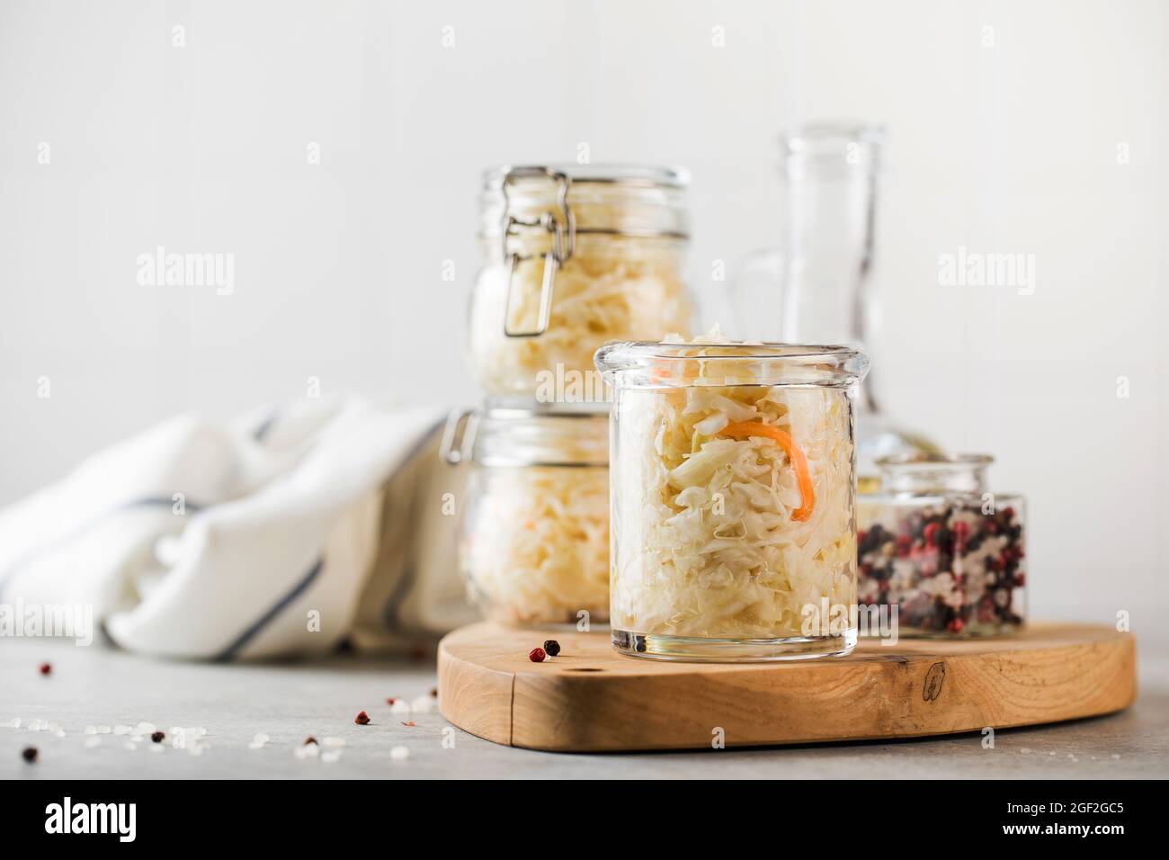 Sauerkraut in glass jars. Fermentation and canning of vegetables Stock Photo Alamy