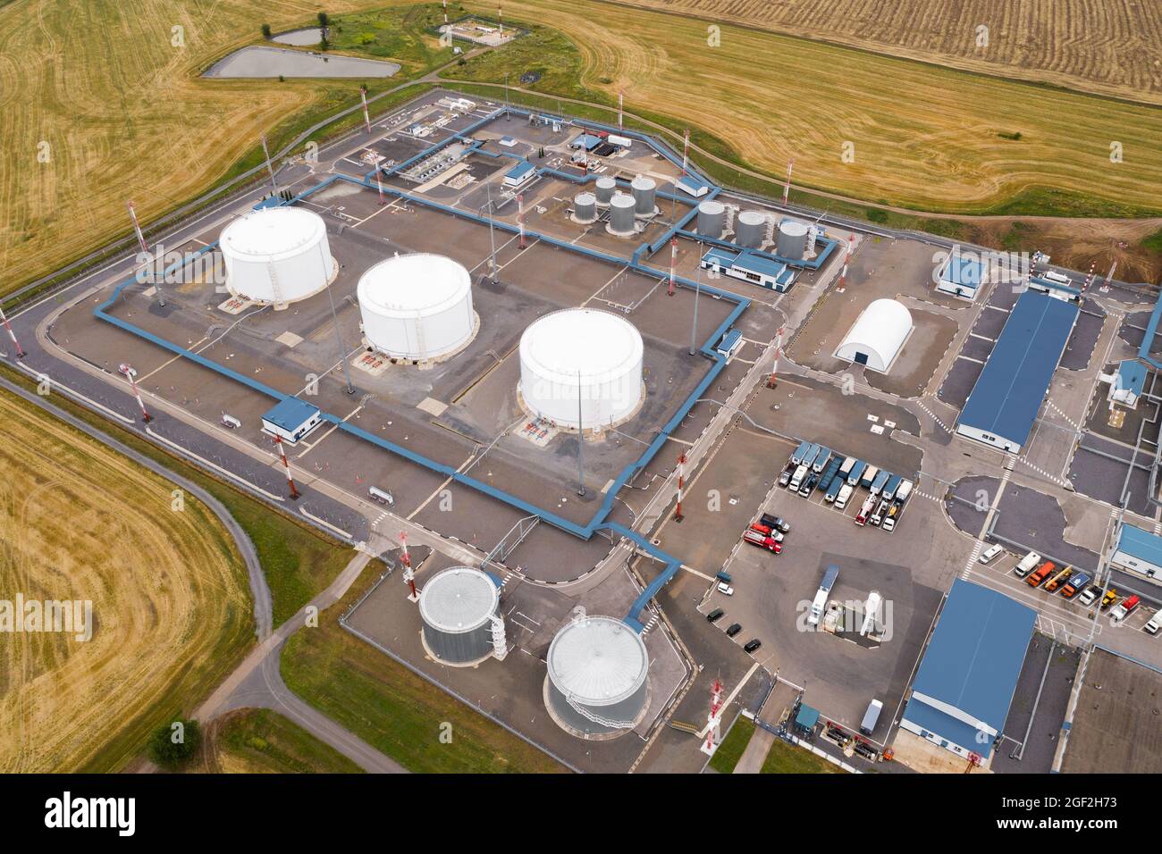 Aerial view of oil and fuel storage tank farm Stock Photo