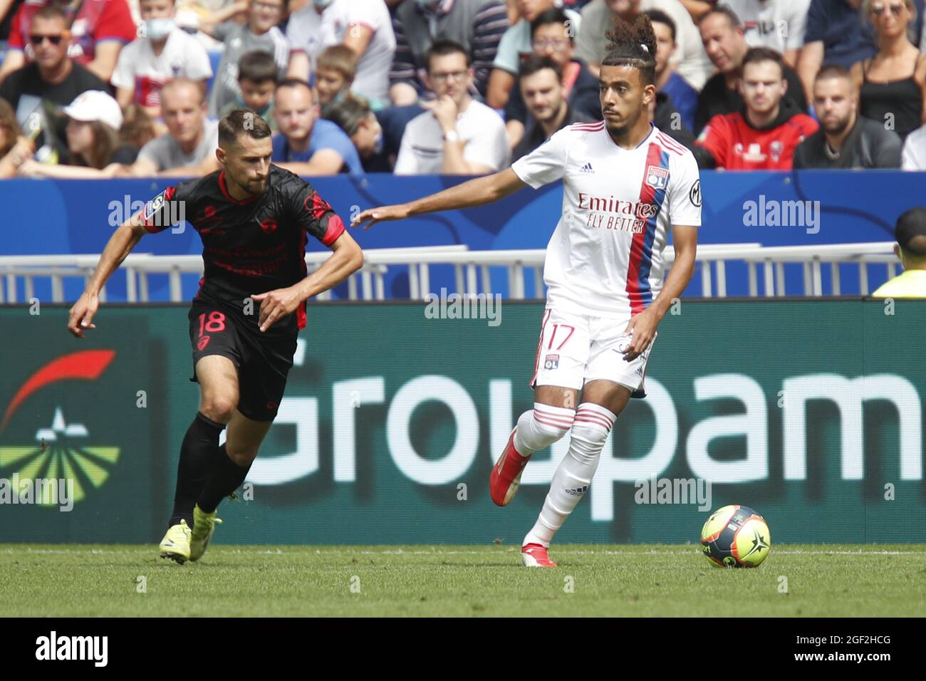 Malo GUSTO of Lyon and Elbasan RASHANI of Clermont during the French  championship Ligue 1 football match between Olympique Lyonnais and Clermont  Foot 63 on August 22, 2021 at Groupama stadium in