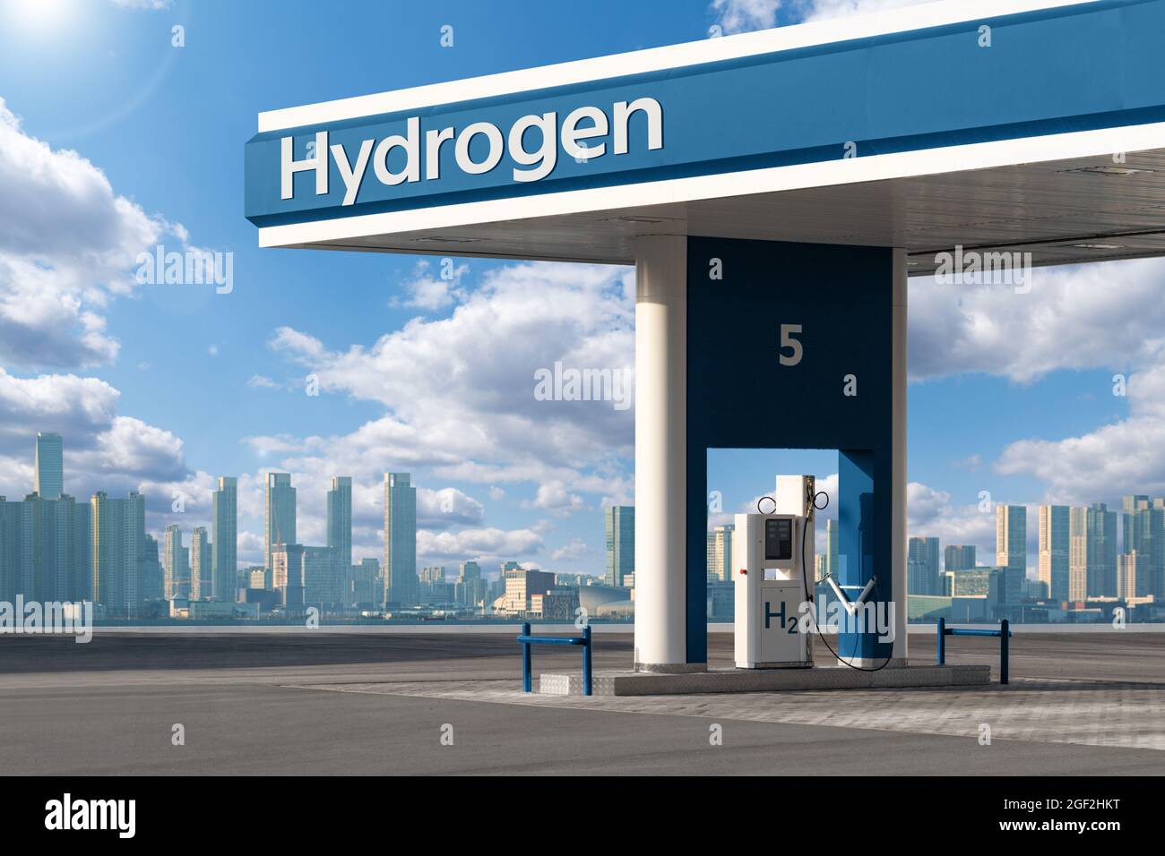 Hydrogen filling station on a background of modern city landscape. Concept Stock Photo