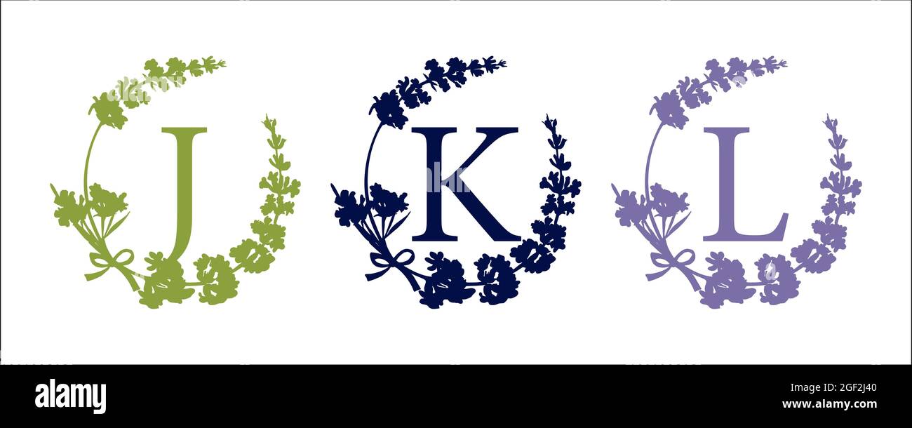 J K L letter. Set modern hand-drawn silhouette sketch illustrations. Lavender flower wreath with alphabet monogram. good idea for wedding decor Stock Vector
