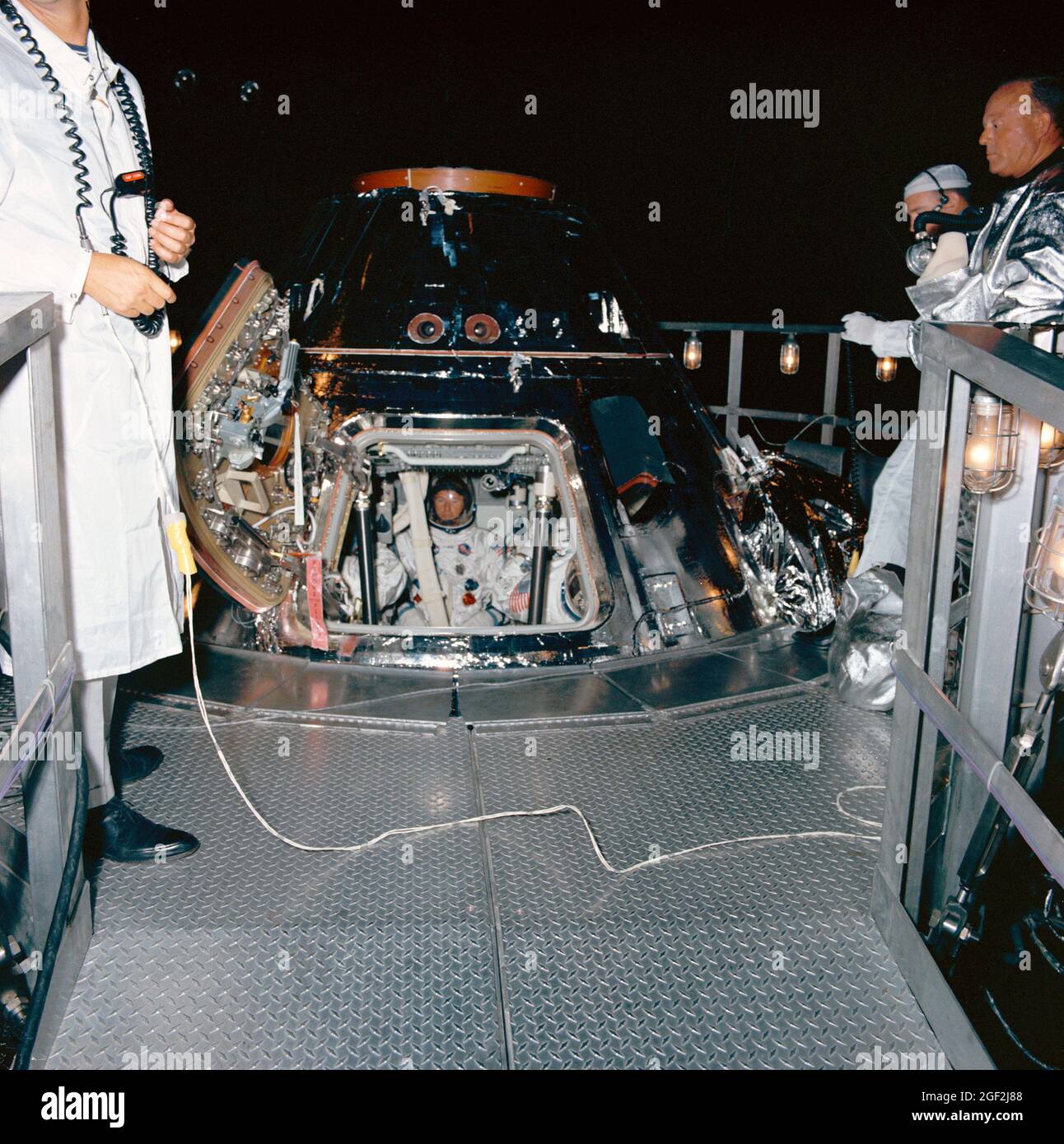 7 1/2-day Manned Thermal Vacuum Test with Astronauts Joe Engle, Dr. Joseph Kerwin and Brand in the Apollo S/C-2TV-1 Stock Photo