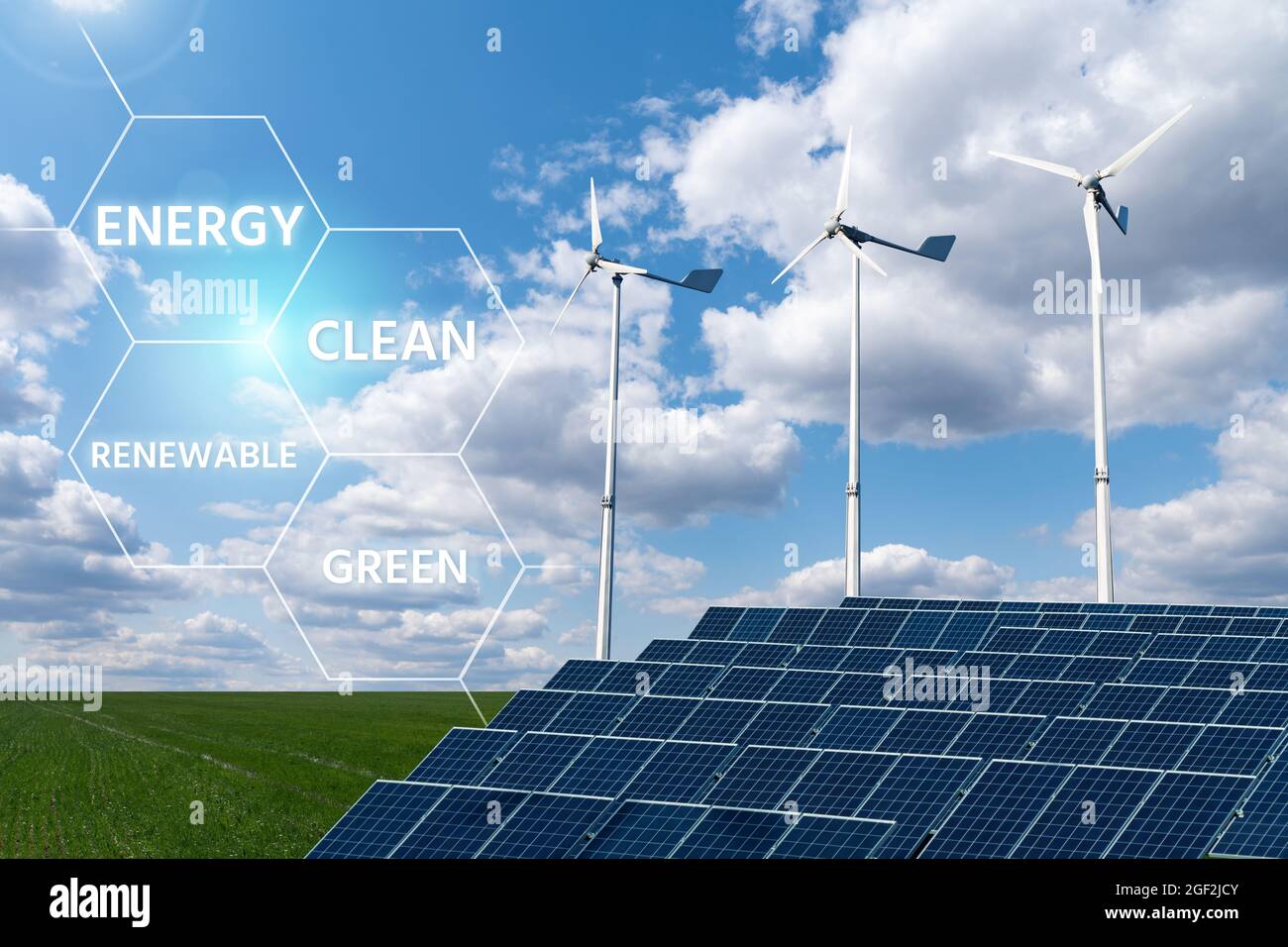 Solar panels and wind turbines with infographics. Clean renewable energy concept Stock Photo