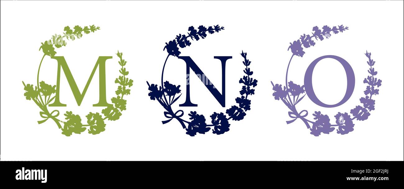 M N O letter. Set modern hand-drawn silhouette sketch illustrations. Lavender flower wreath with alphabet monogram. good idea for wedding decor Stock Vector