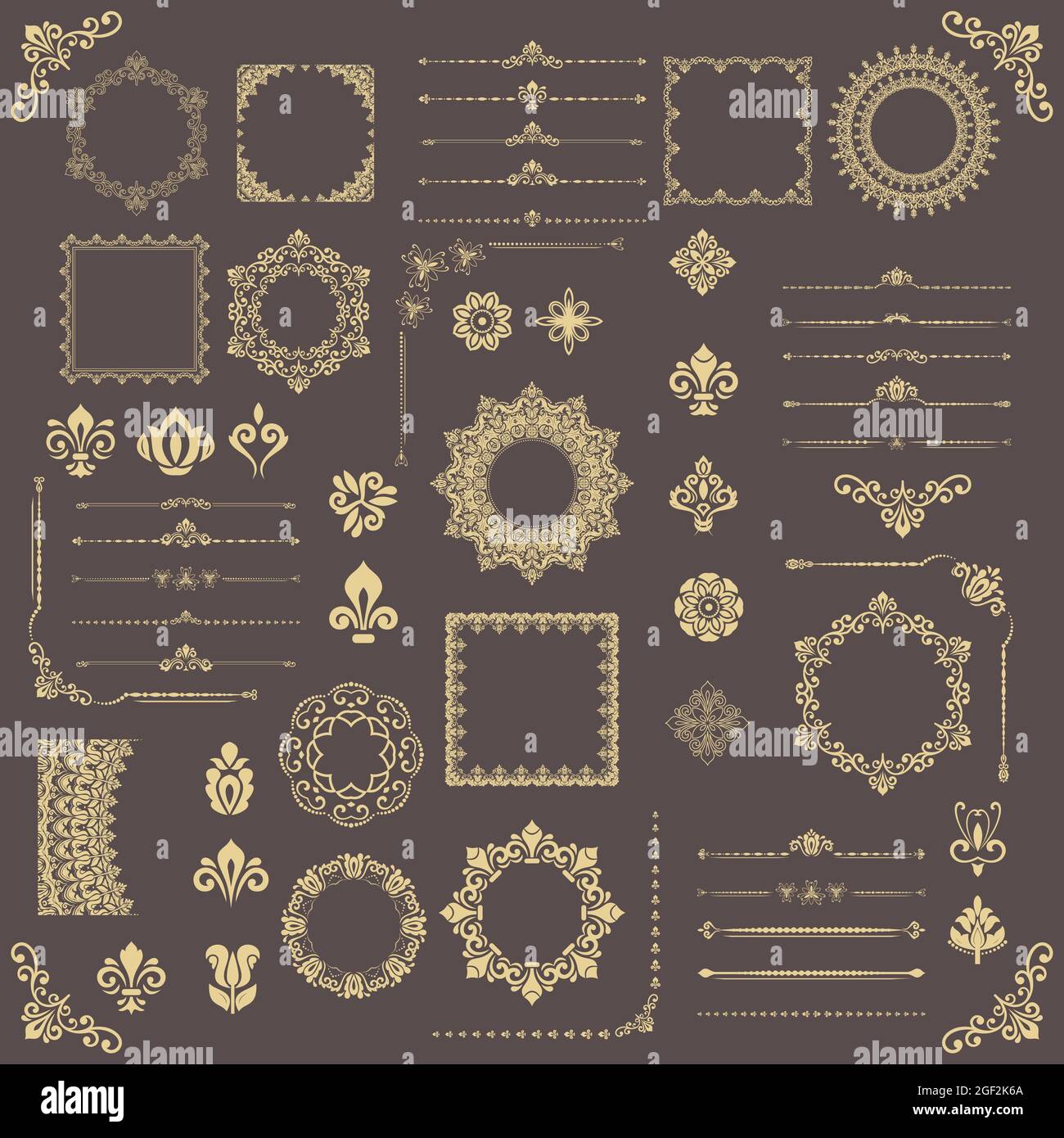 Vintage set of golden vector horizontal, square and round elements ...