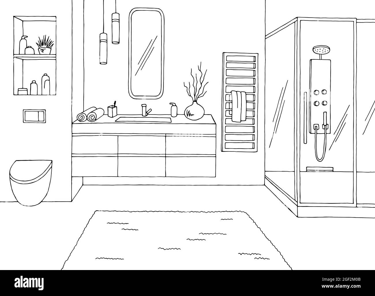Bathroom graphic home interior black white sketch illustration vector