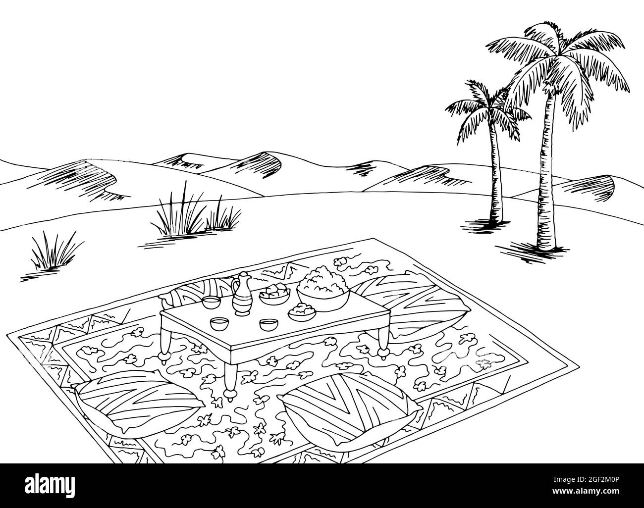 Desert picnic graphic black white landscape sketch illustration vector Stock Vector
