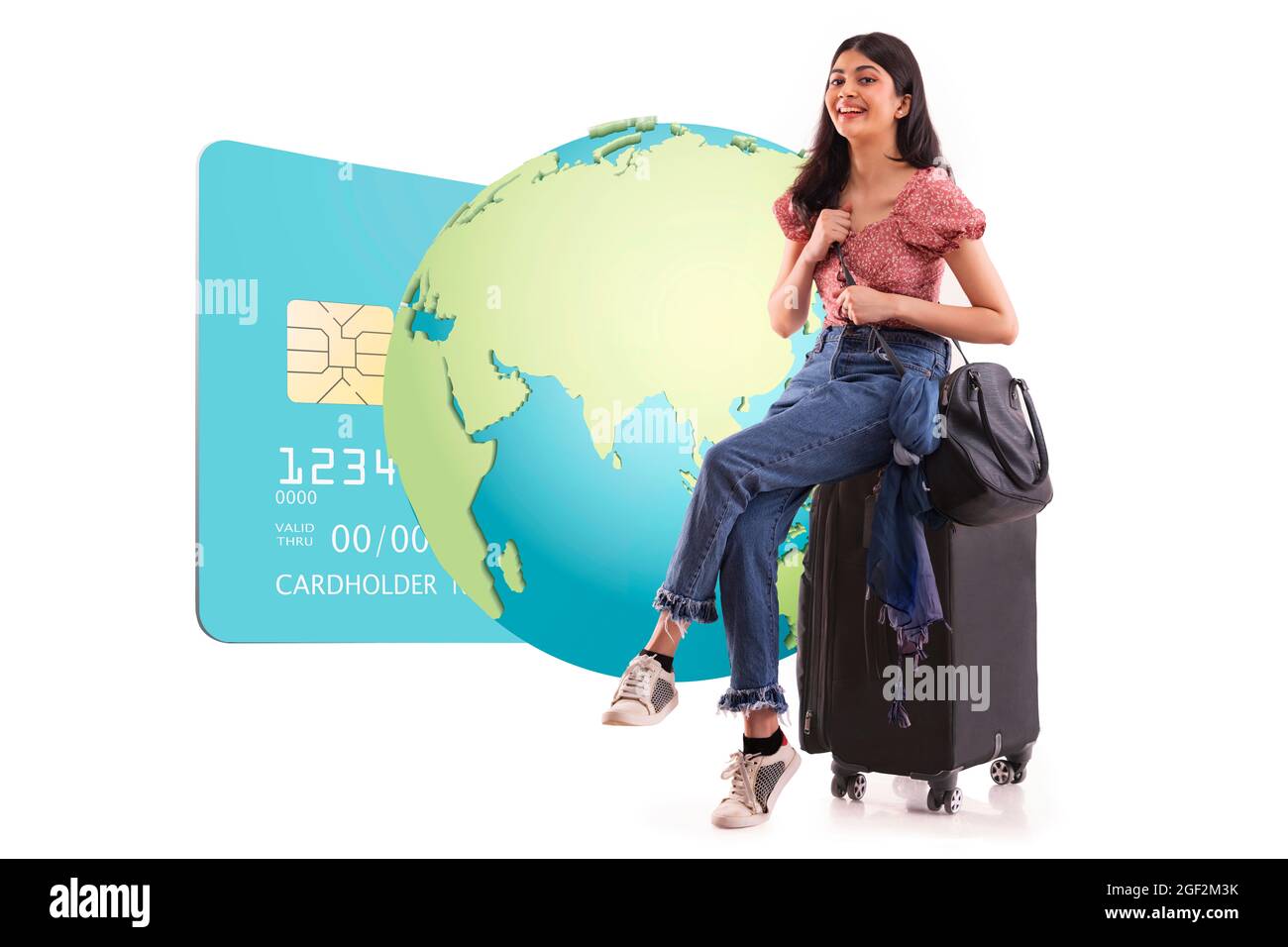 A young woman sitting with her luggage with a graphic of global net-banking. Stock Photo