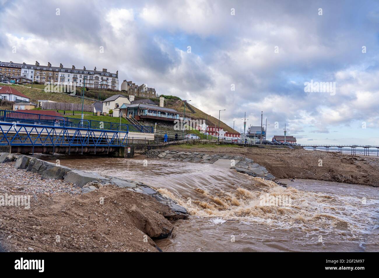 skelton beck in flood at saltburn, north yorkshire, uk Stock Photo