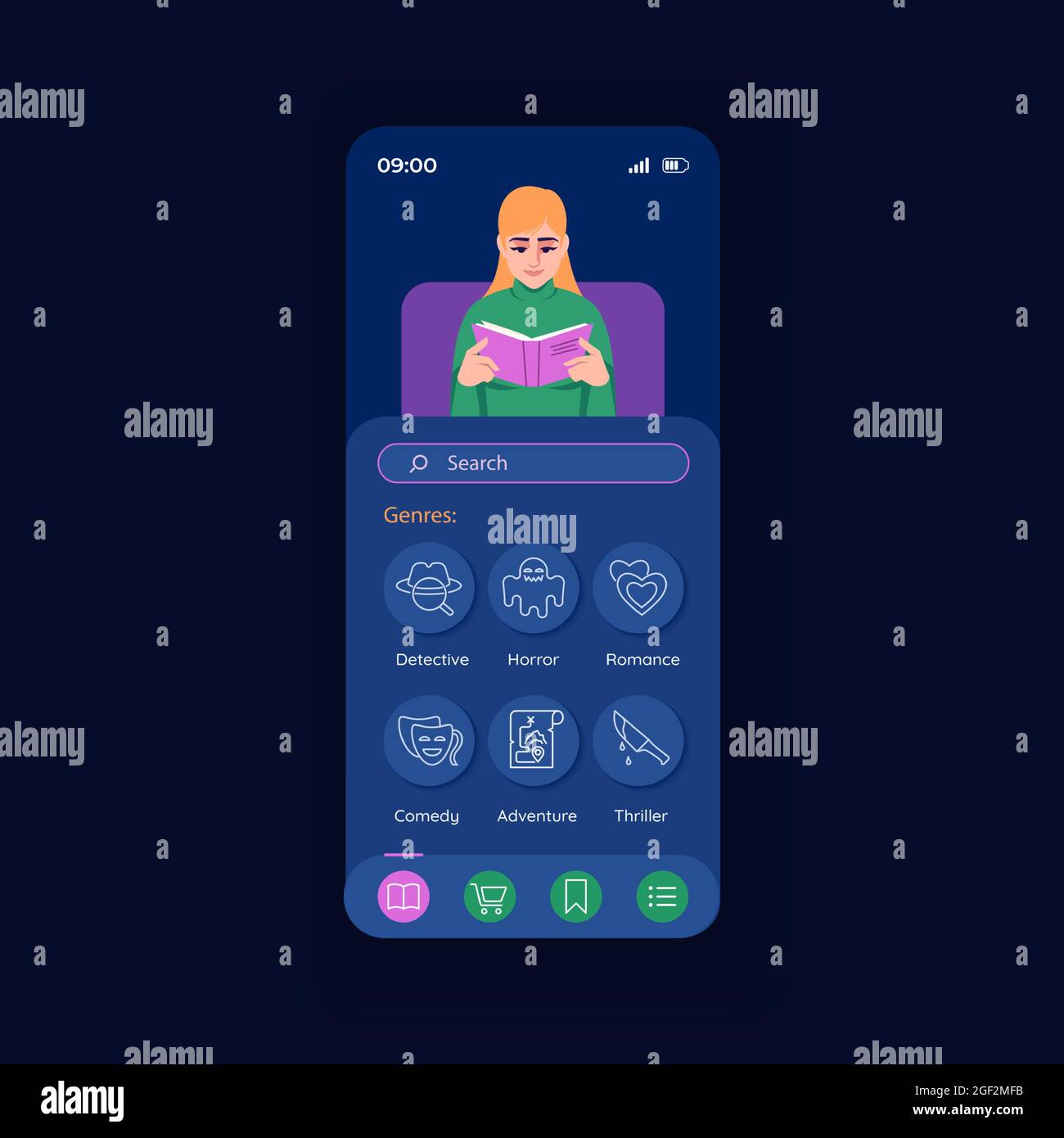 Application for reading night smartphone interface vector template Stock Vector