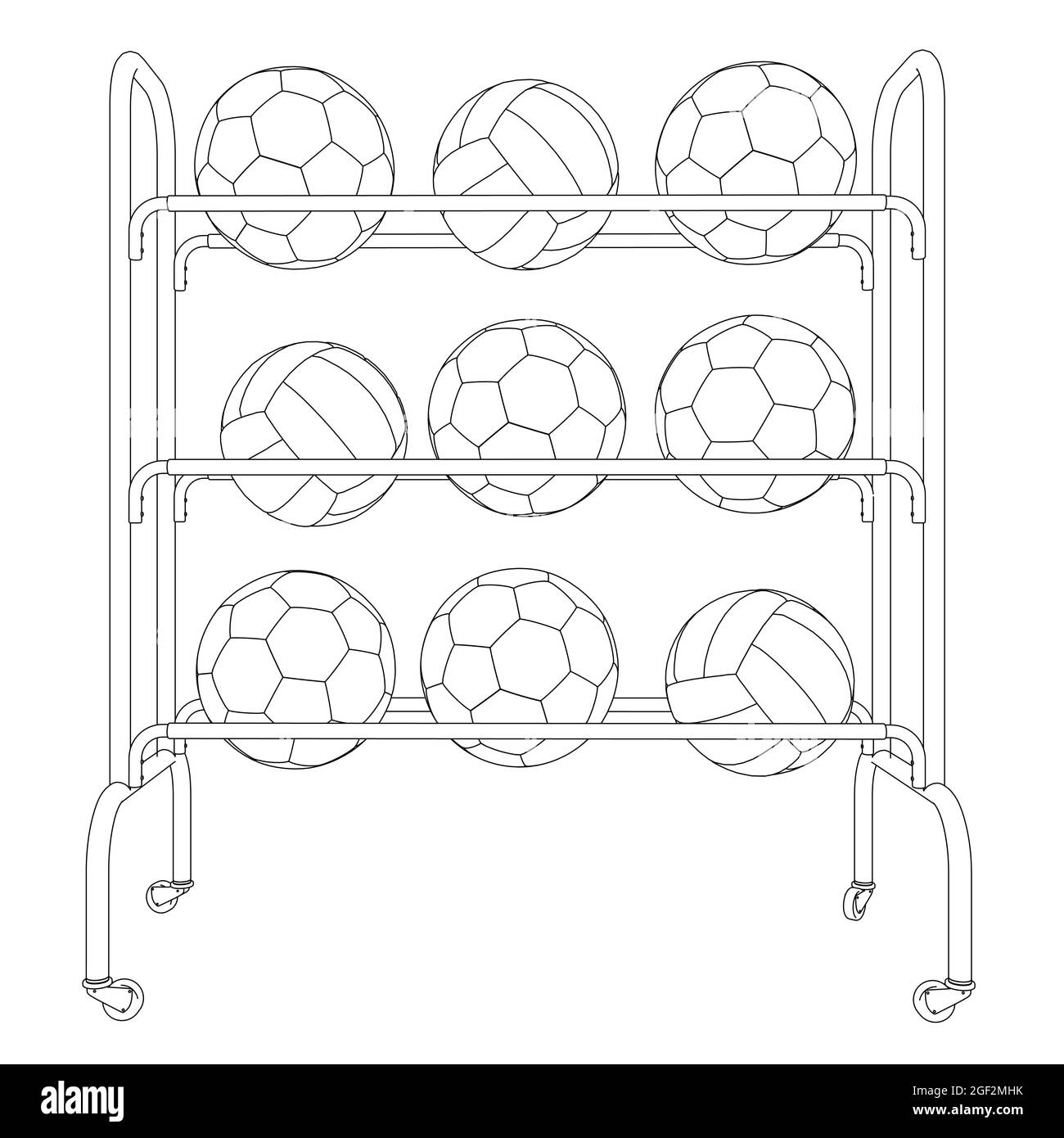 Set with contours of soccer and volleyball balls lying on a rack of ...