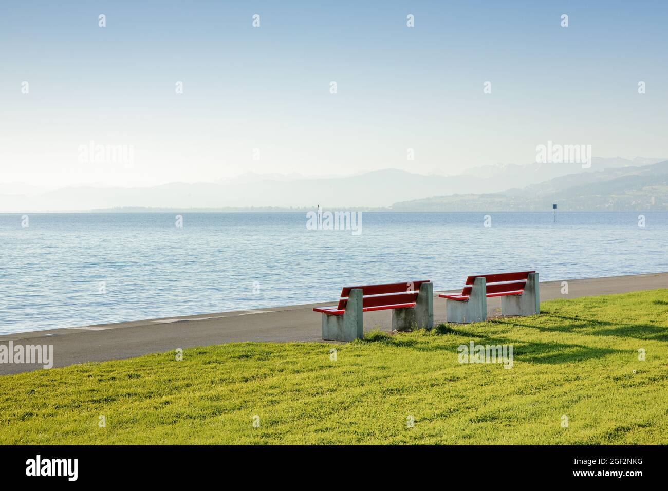Two benches at the shore of Lake Constance near Arbon, Thurgau, Switzerland, Thurgau Stock Photo