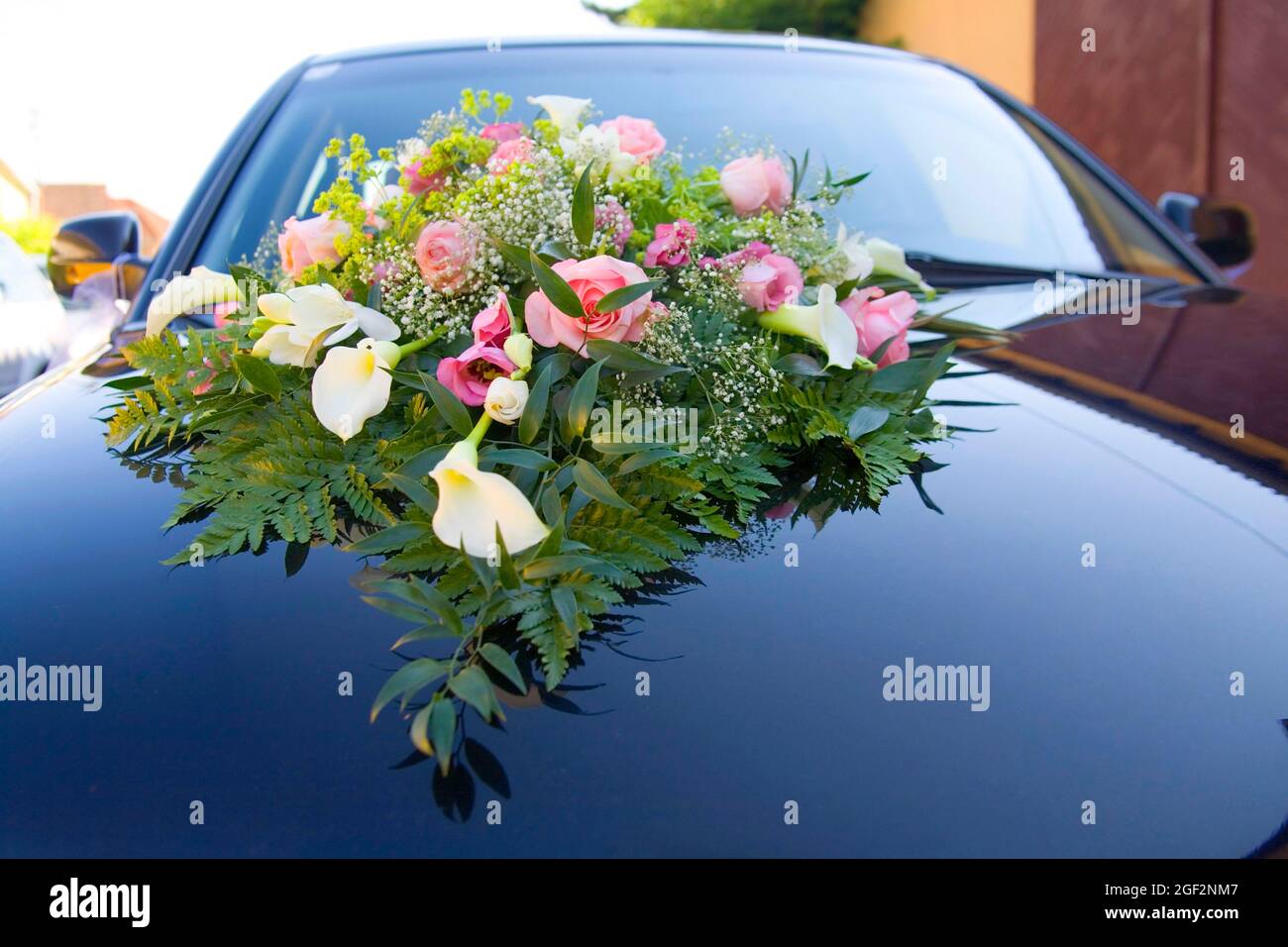 flower bouquet on a car of a married couple, Austria Stock Photo