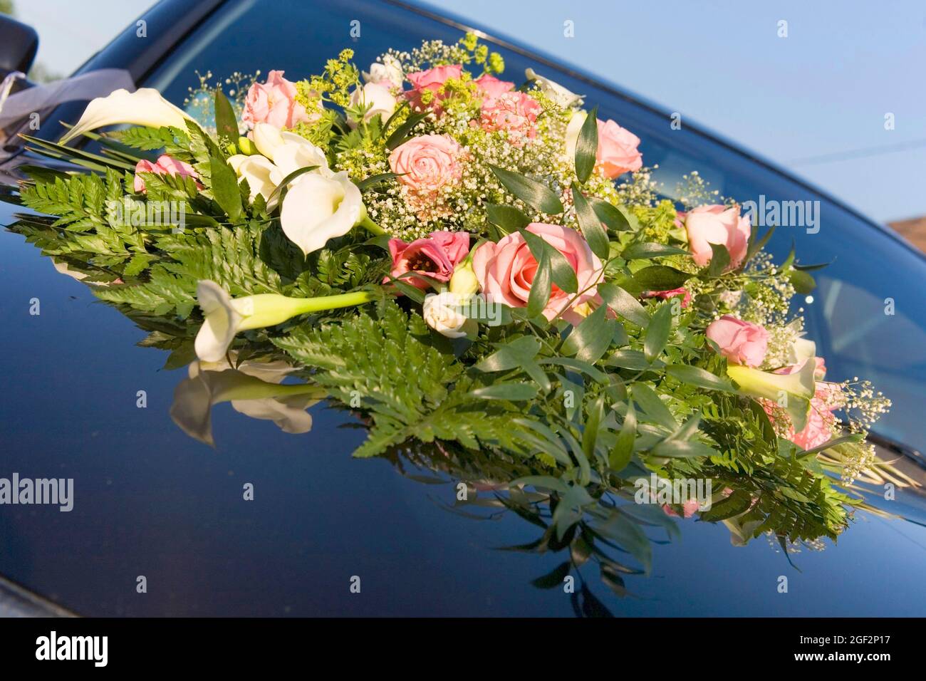 flower bouquet on a car of a married couple, Austria Stock Photo