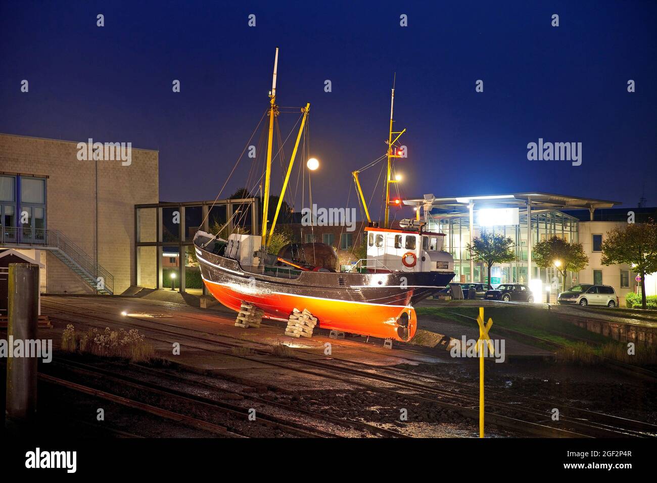 Hildegard buoy tender, museum ship in the inland port in the night, Germany, Schleswig-Holstein, Northern Frisia, Husum Stock Photo